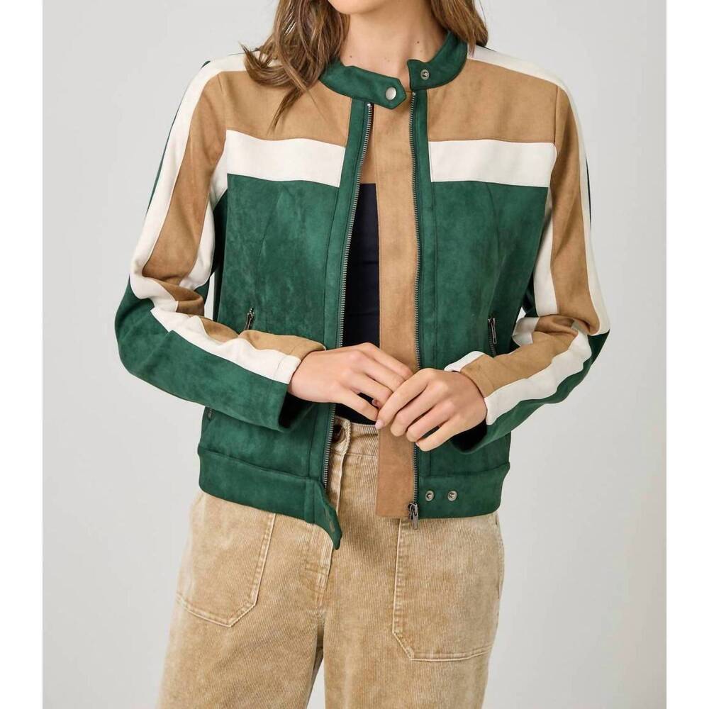 NEW MYSTREE colorblock faux suede racer jacket in green mix